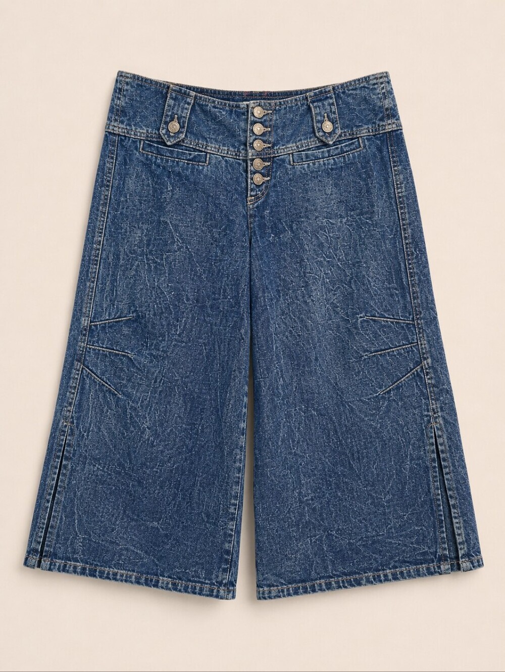 Vintage Blue Dot Wide-Leg Denim Culottes Cropped Gaucho Jeans - 6 - 100% Cotton - Picture 2 of 12